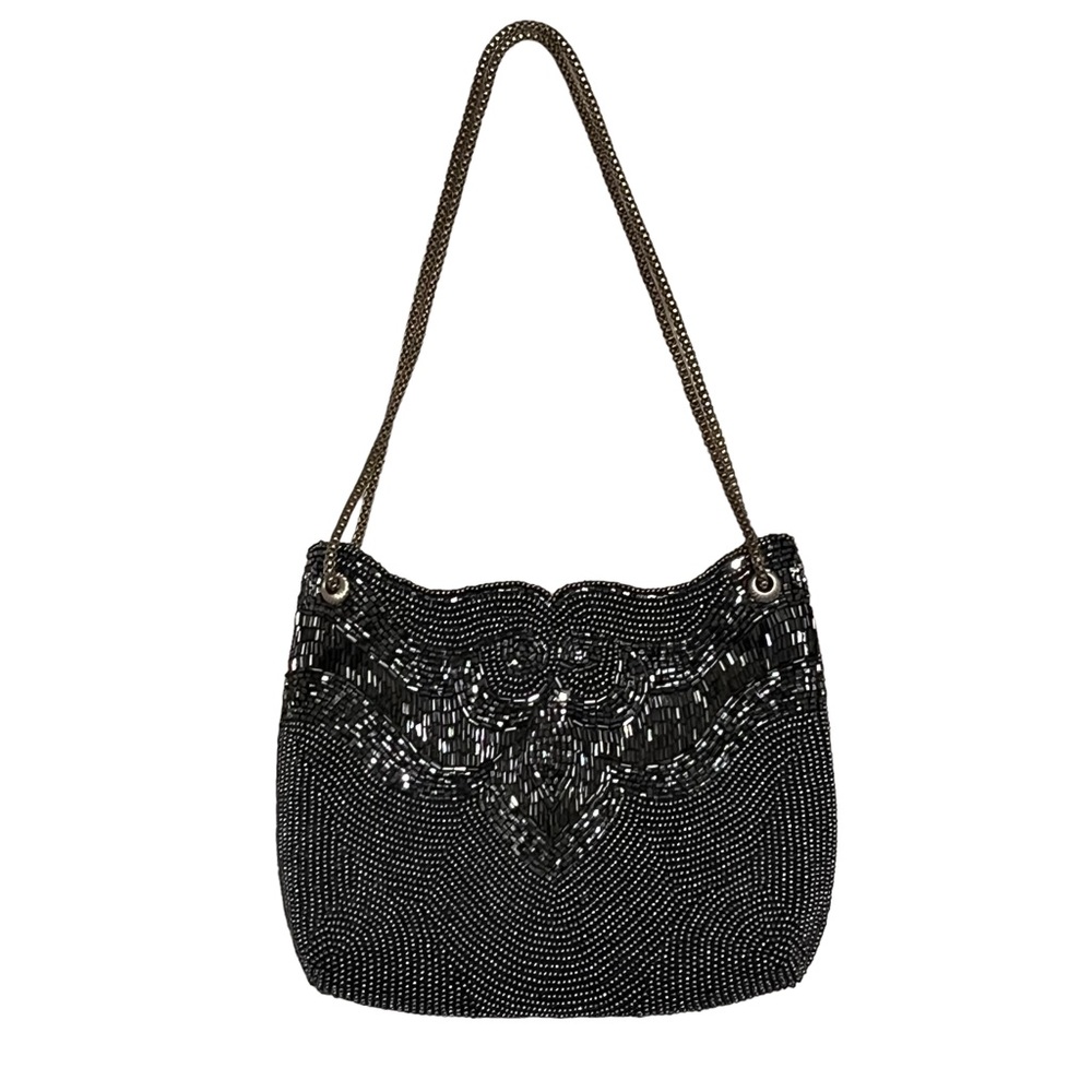 Vtg Walborg Japan Sparkling Black Silver Bead Evening Purse Pouch Clutch Handbag